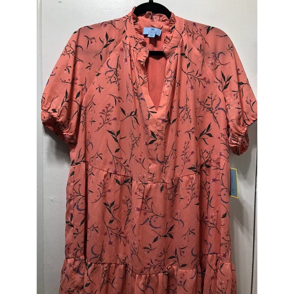 CeCe Dresses & Skirts - Cece Dress Plus Sz 1X Coral Floral Print Ruffled Short Sleeve V-Neck Cocktail B1